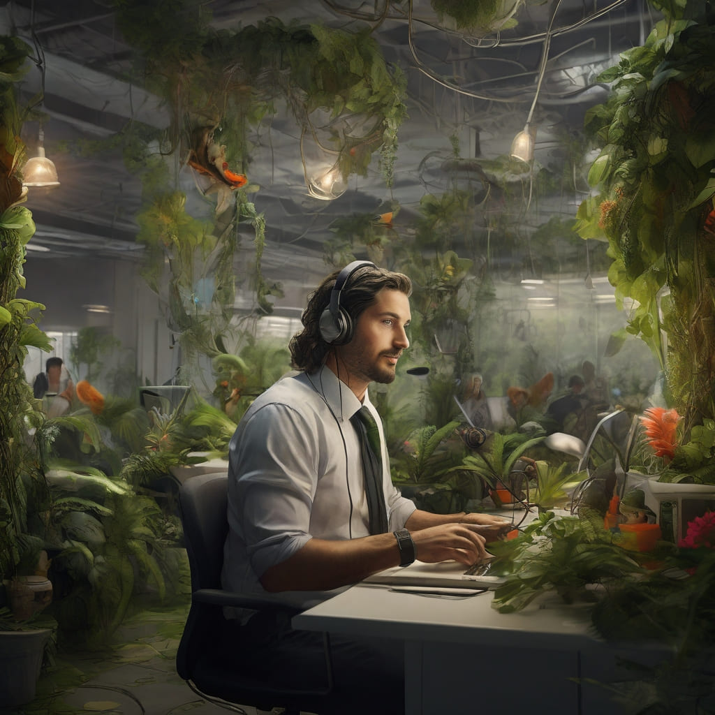 Ilustración caricaturesca de un call center en una jungla, con empleados en lianas y animales con auriculares.