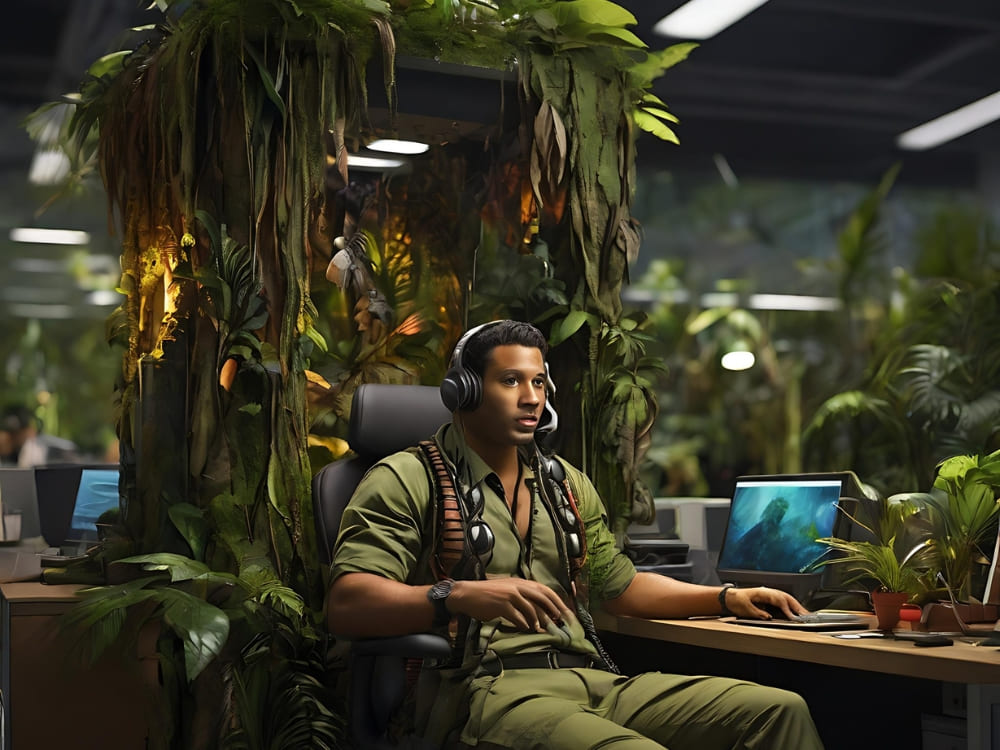 Empleado de call center vestido de explorador sentado en un escritorio decorado como una jungla, con plantas y auriculares.