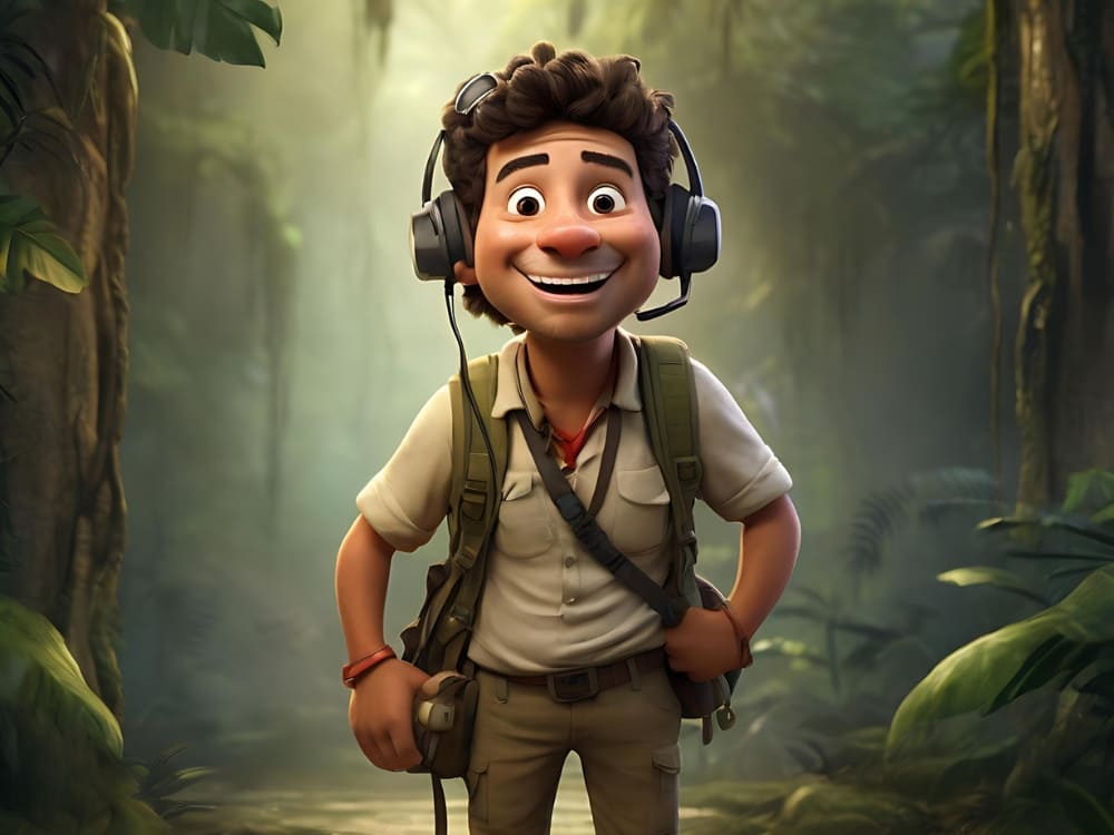 Caricatura animada de un nuevo empleado de call center equipado con auriculares y mochila, listo para la aventura en una selva.